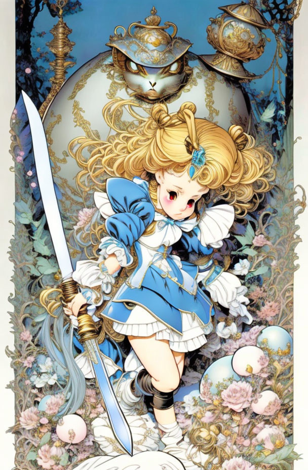 Detailed illustration of girl in blue and white outfit with sword, whimsical creatures, and floral motifs