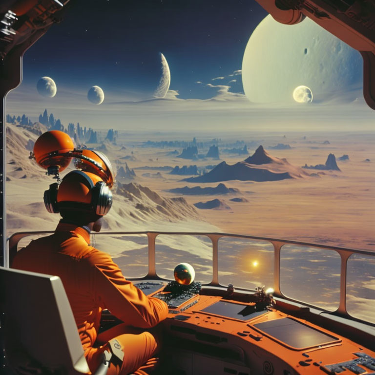 Astronaut in orange suit views alien landscape with multiple moons from spacecraft cockpit