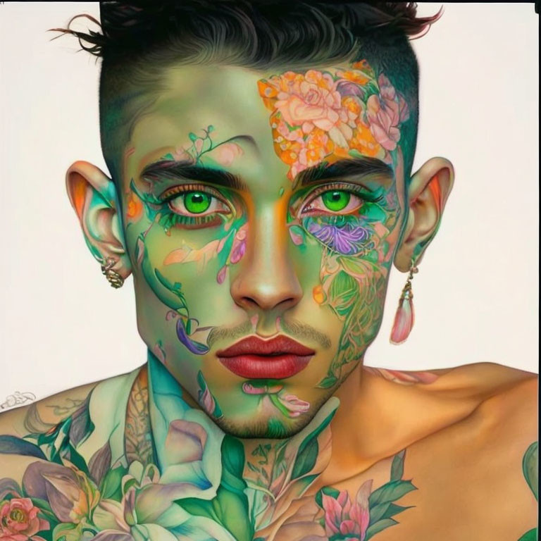 Portrait of a person with green hair, floral tattoos, pointed ears, and an earring