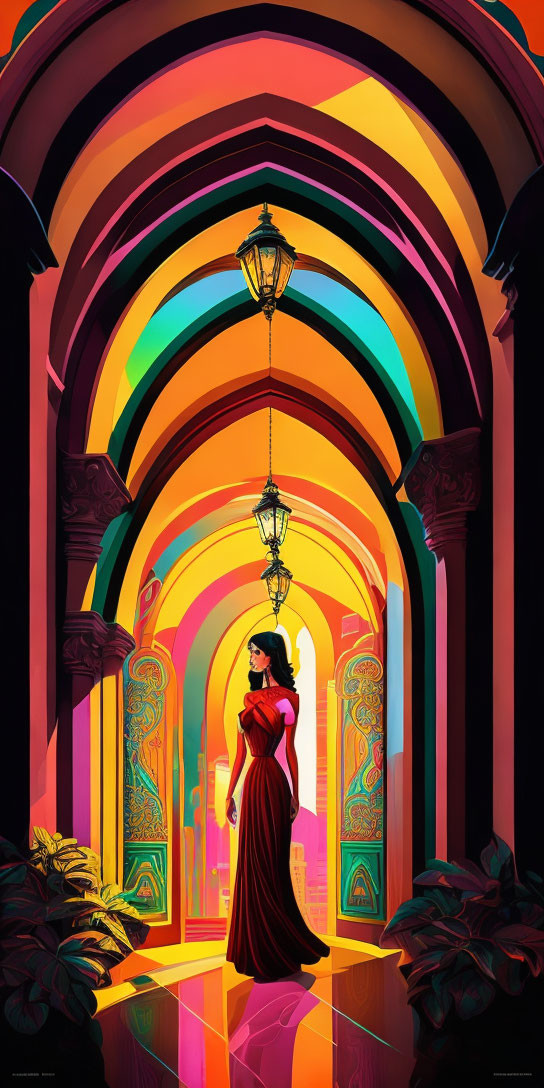 Vibrant corridor with woman in red dress and rainbow arches