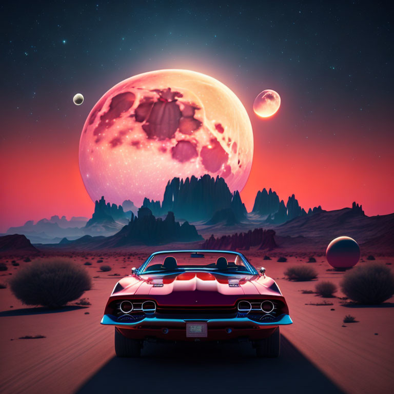 Vintage Car in Alien Desert with Cosmic Sky