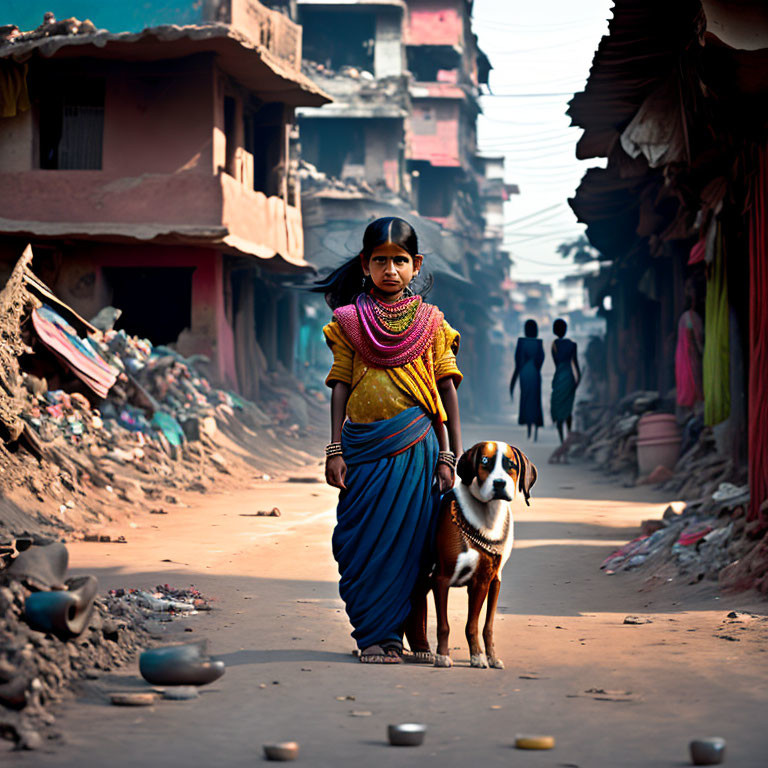 Young girl in traditional attire with dog in dusty alley among earthenware and rustic buildings.