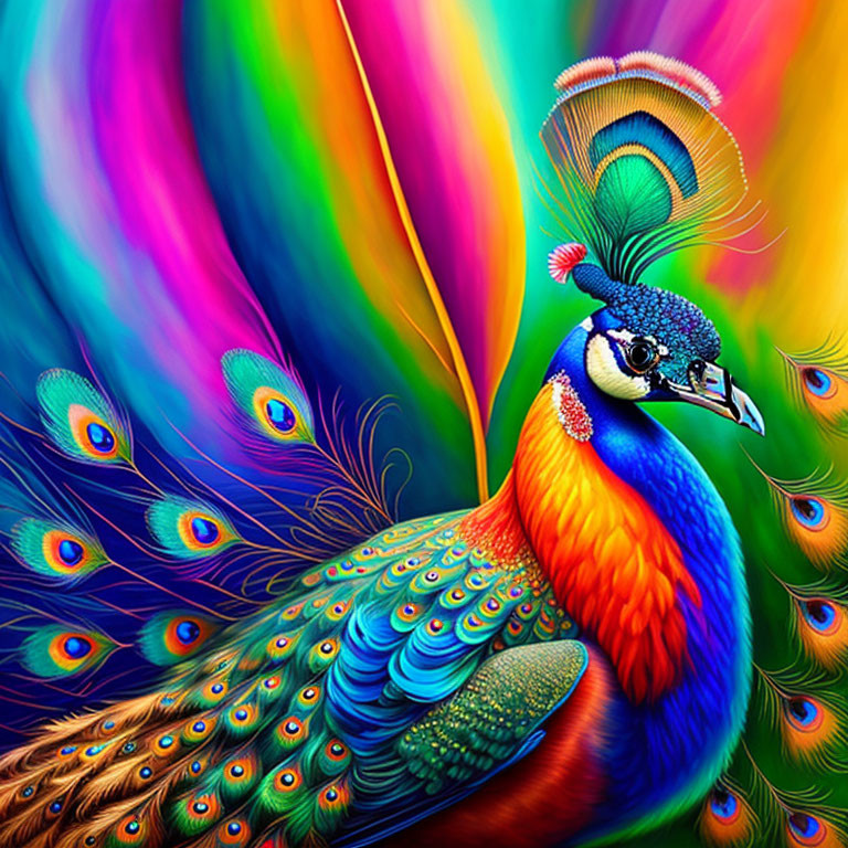 Colorful Peacock Illustration with Vibrant Rainbow Tail Display