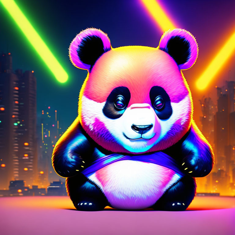 Vibrant neon-lit panda against futuristic cityscape at night