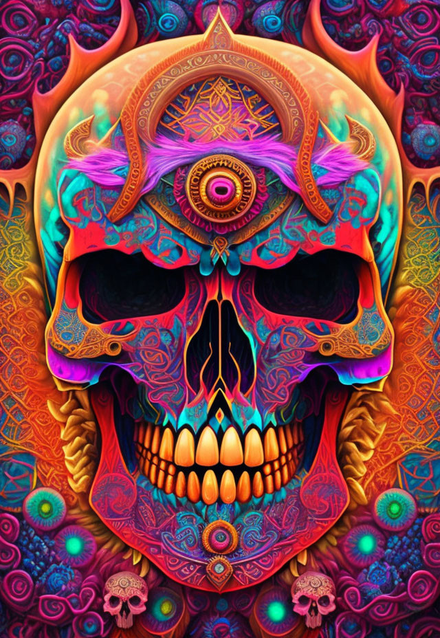 Colorful psychedelic skull with third eye and intricate patterns.