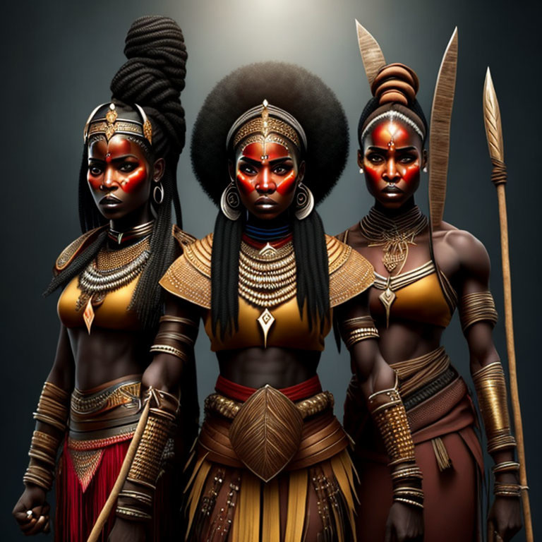 Three women in tribal makeup and African attire with spears symbolize strength and heritage.