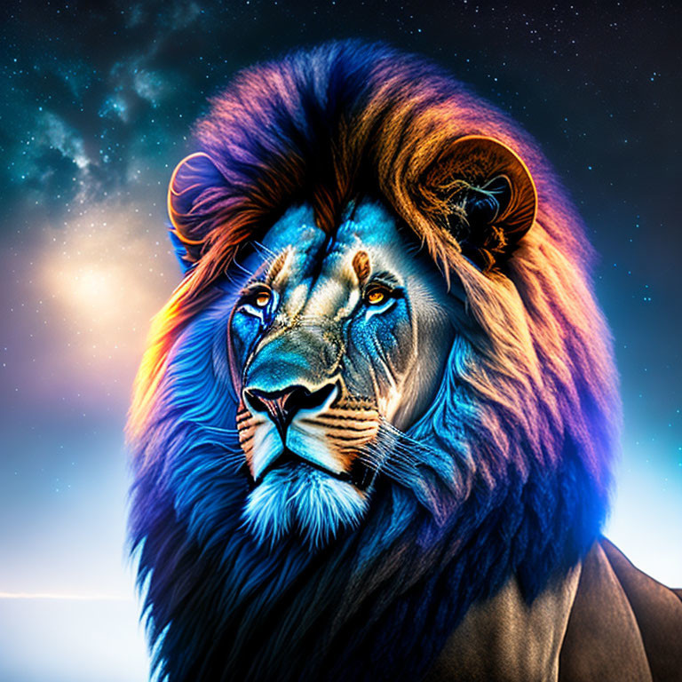 Colorful Lion Digital Artwork on Cosmic Sky Background