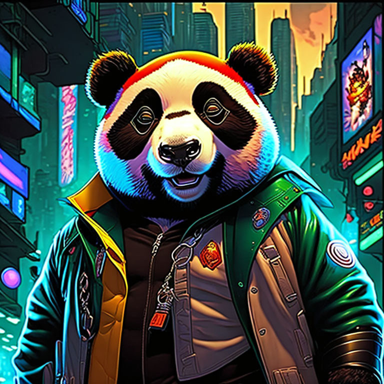 Digital art: Panda with human-like features in jacket and beanie, against neon-lit cityscape