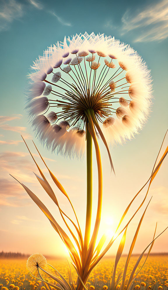 Backlit dandelion seed head in warm sunset.