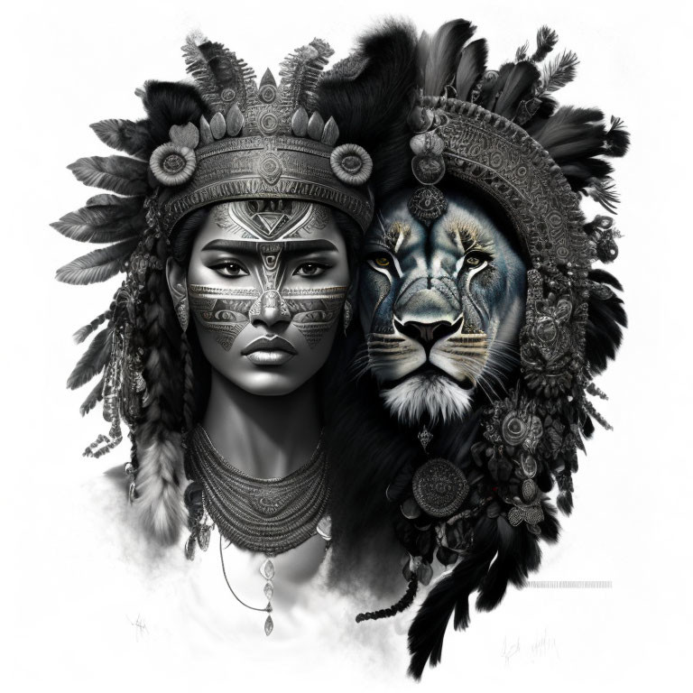 Monochromatic artwork of woman and lion with shared headdress