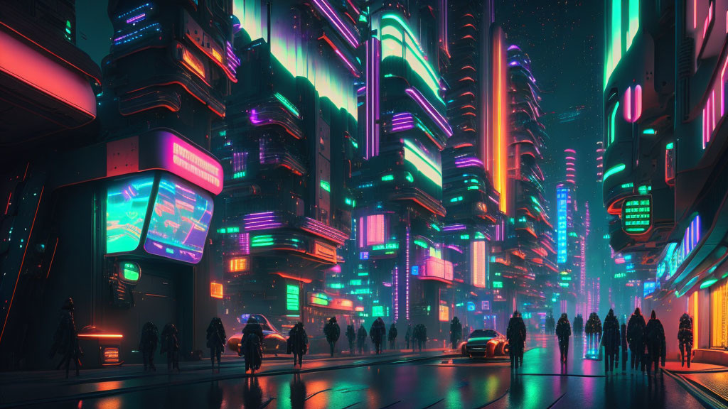 Vibrant nighttime cityscape with neon lights, high-rises, pedestrians, and car