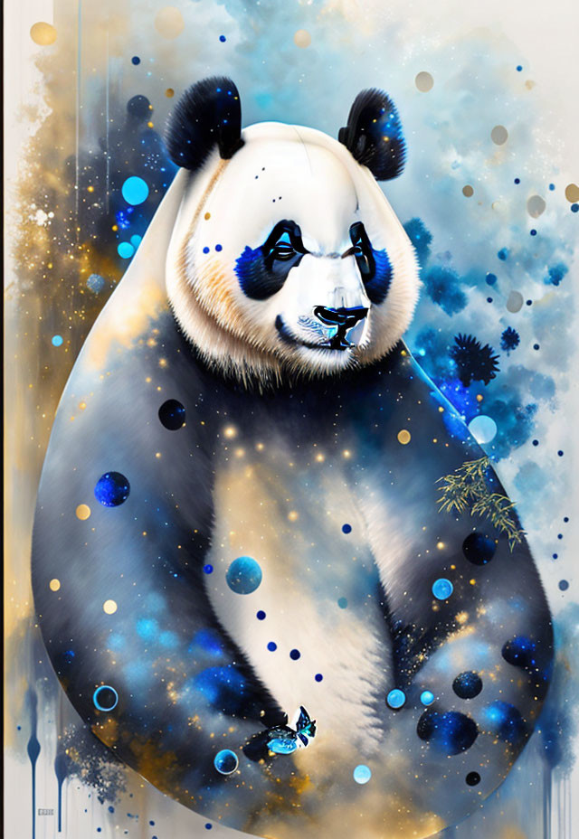 Colorful Panda Art with Cosmic Motifs in Blue, White, and Black