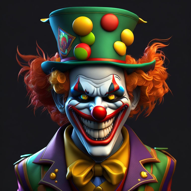 Menacing clown 3D illustration with sharp teeth and fiery hair