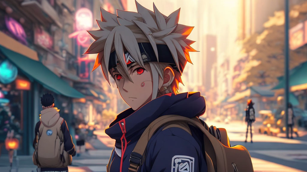 Spiky-Haired Anime Character in City Street at Sunset