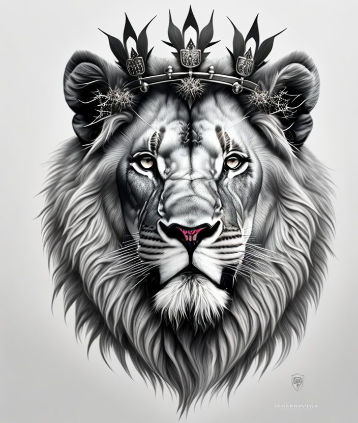 Monochromatic lion illustration with three crowns and intricate patterns