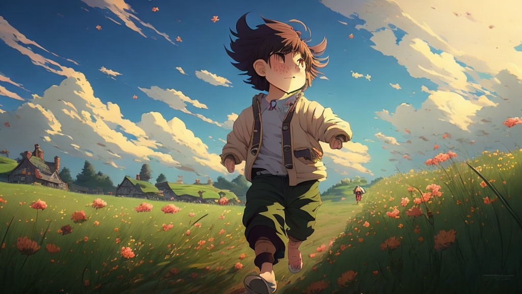 Animated child running in vibrant meadow with flowers and house against sunny sky