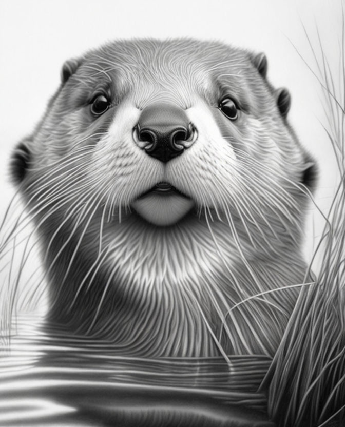 Detailed Greyscale Otter Head Illustration with Submerged Water View