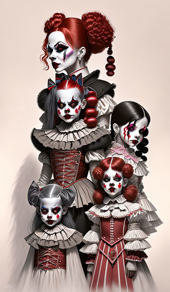 Elaborate Gothic Clown Costumes Totem Pole Arrangement