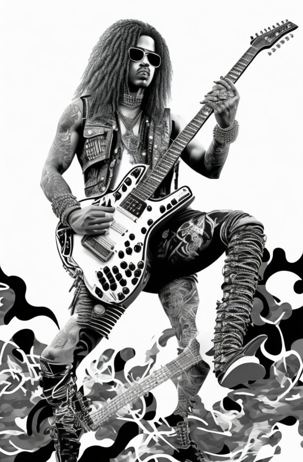 Monochrome image: Person with dreadlocks, sunglasses, denim jacket, playing guitar