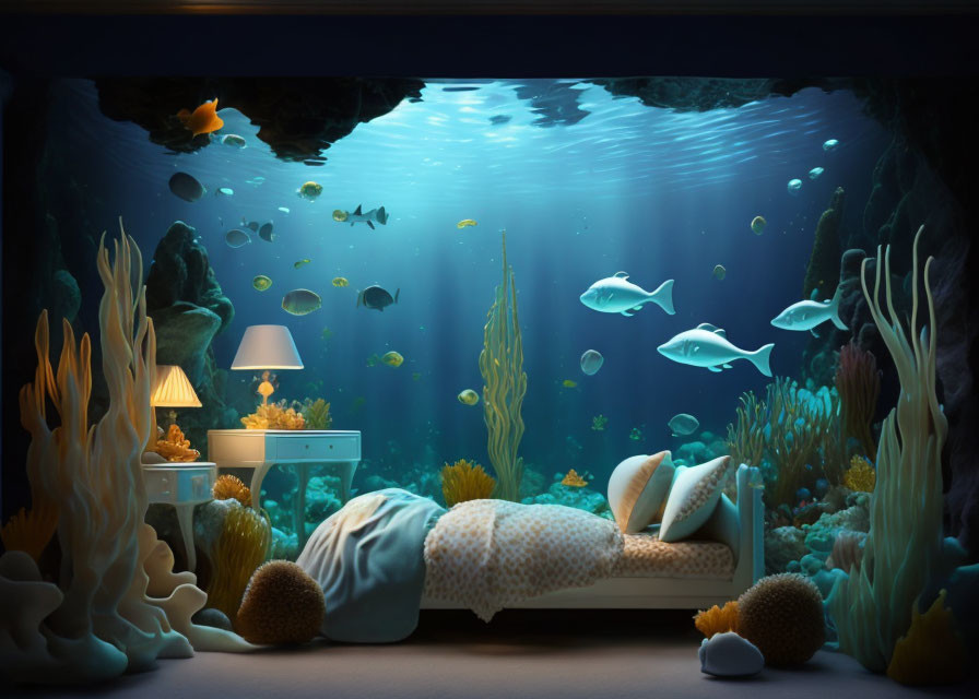 Underwater Bedroom with Bed, Side Table, Lamp, and Fish Swimming