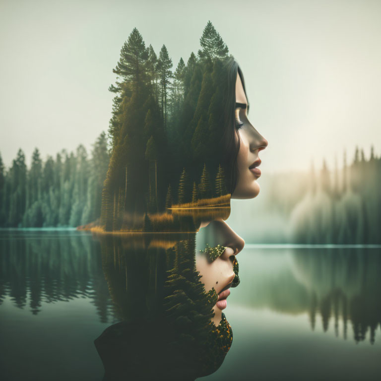 Tranquil double exposure: woman's profile merges with forest and lake