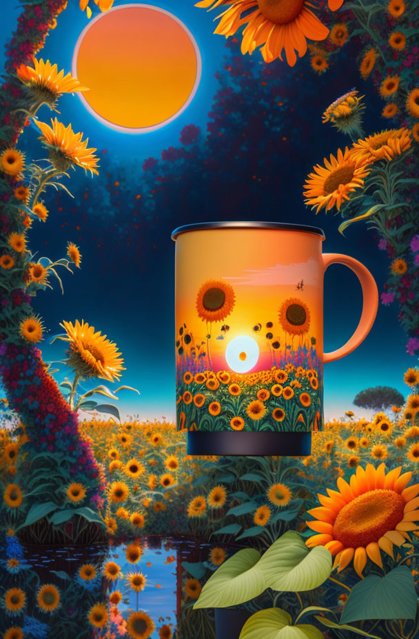 Surreal cup with sunflower field design under twilight sky