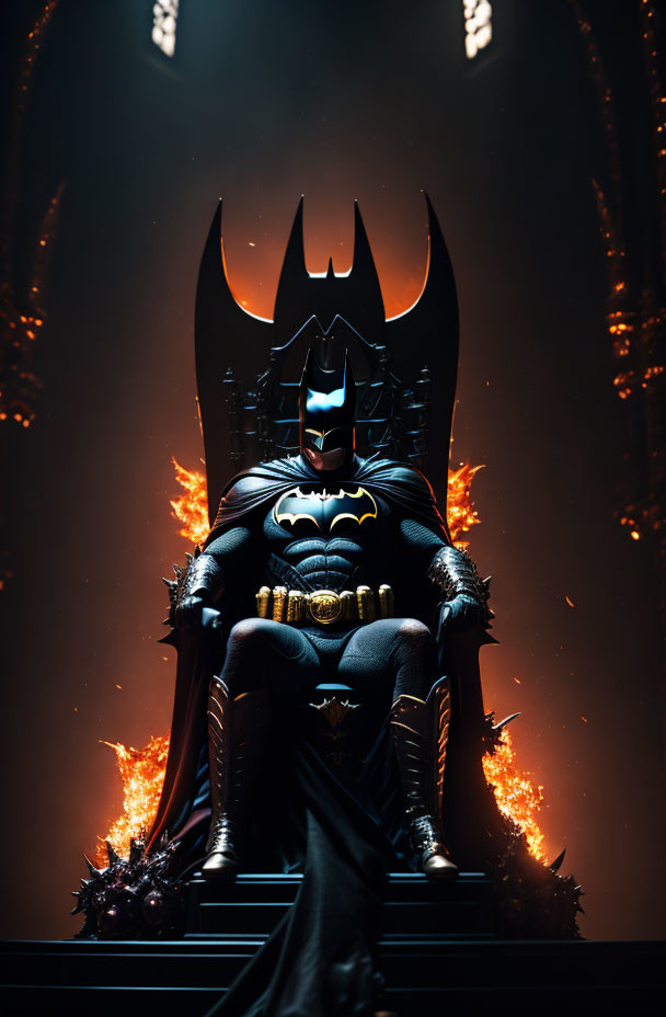 Superhero on throne surrounded by torches in dramatic scene