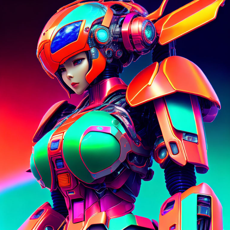 Futuristic digital illustration of female character in blue and orange armor