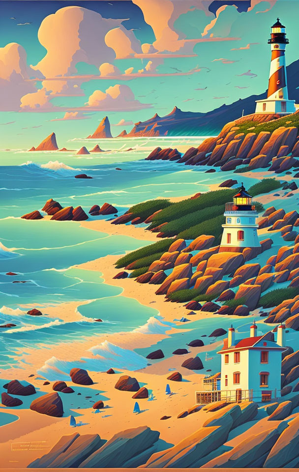 Scenic coastal landscape with tall and small lighthouses, rocky terrain, and calm blue waters