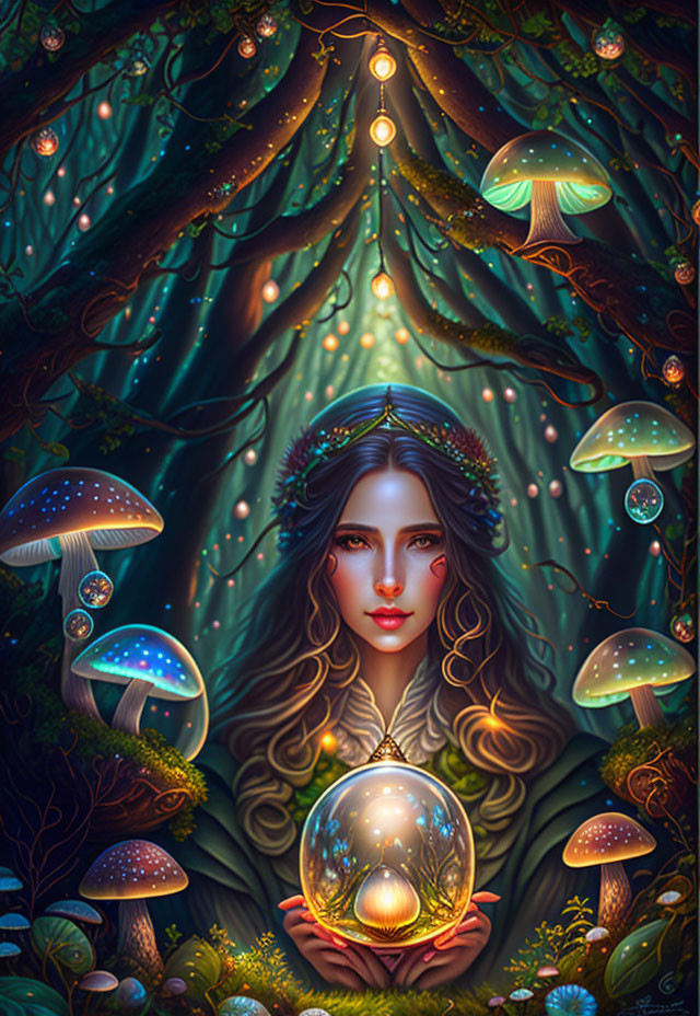 Enchanting forest scene with luminescent mushrooms and mystical woman gazing at crystal ball