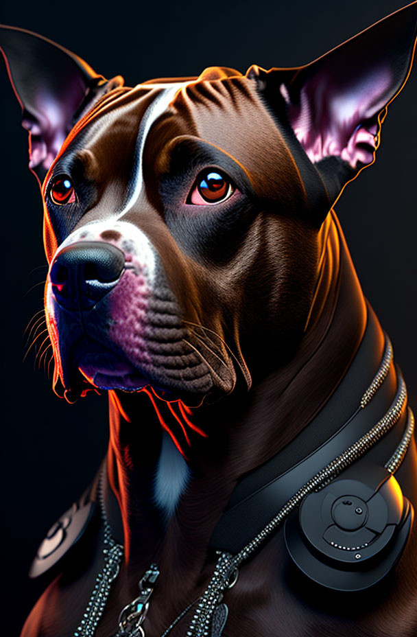 Stylized dog in headphones with glowing eyes and neon accents