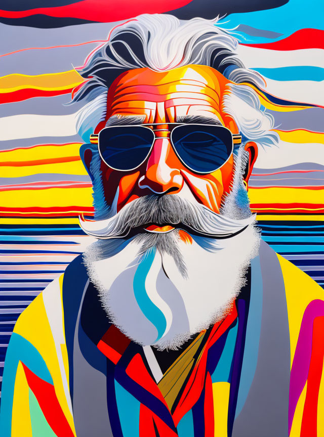 Vibrant portrait of older man in striped suit with white beard