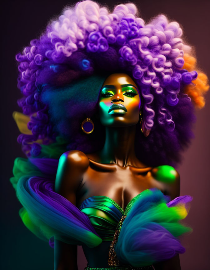 Colorful portrait of woman with purple afro, green makeup, gold earrings