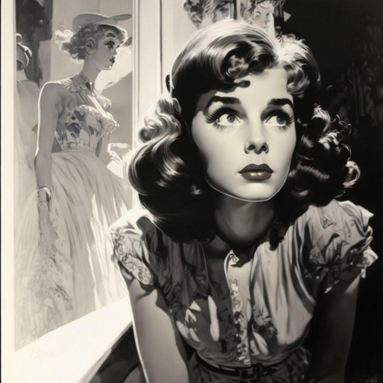 Vintage Black and White Illustration of Two Women with Reflective Expressions