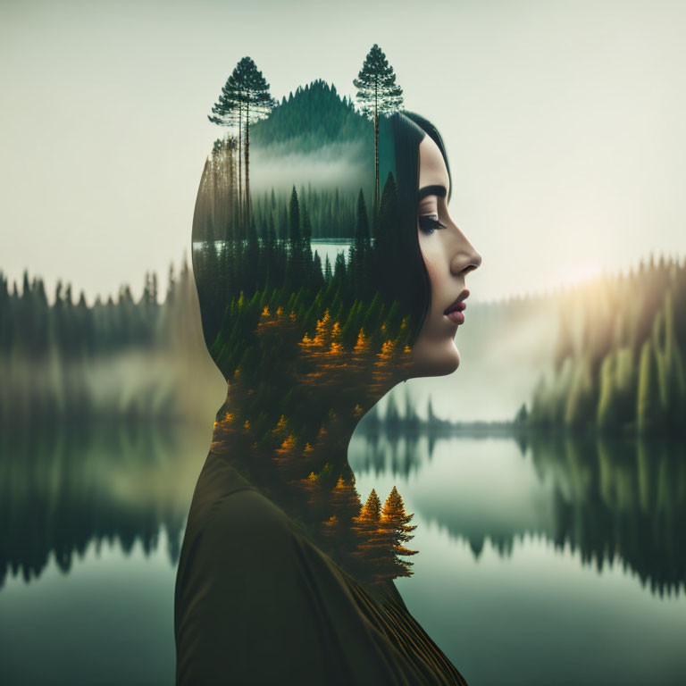 Double Exposure Portrait Blending Woman and Forest Scene