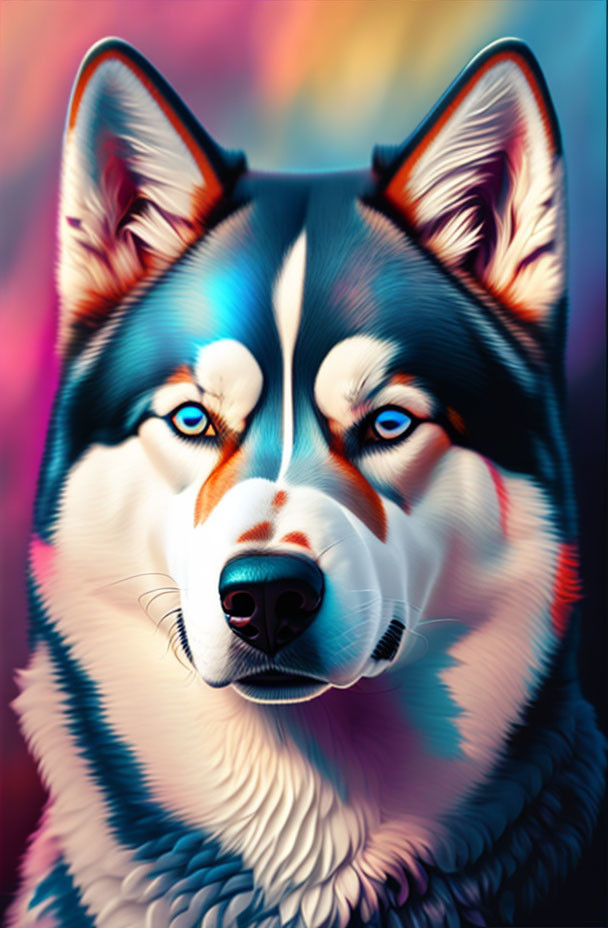 Vibrant Husky Dog Portrait with Blue Eyes on Colorful Background