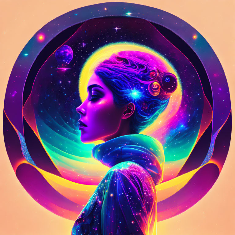 Digital artwork: Woman with cosmic features on orange background