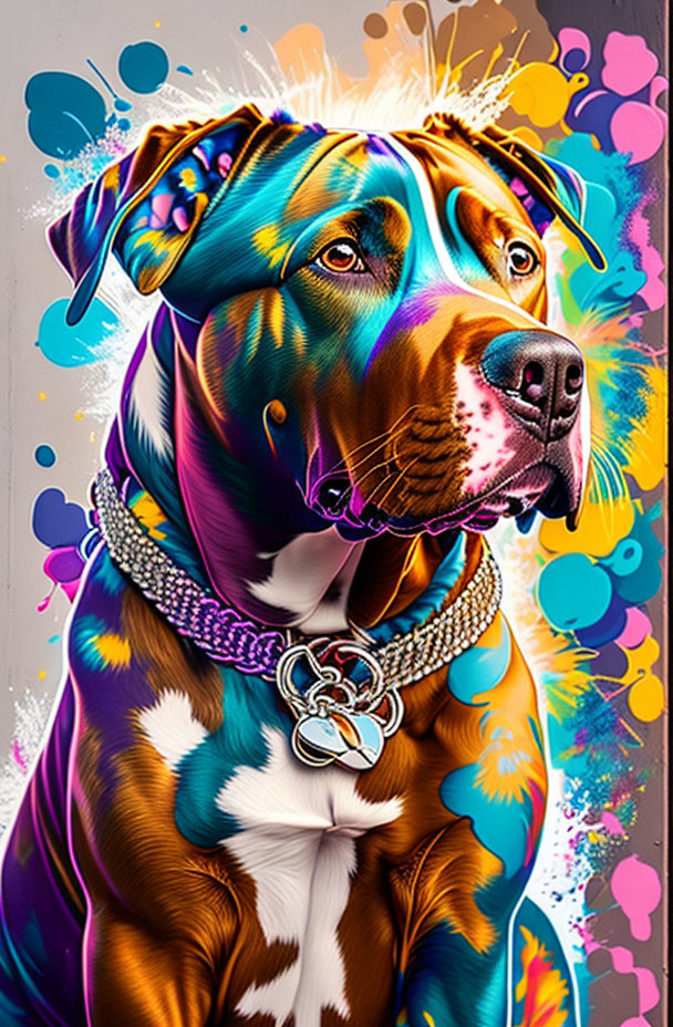 Colorful digital artwork: Dog with multicolored fur and chain collar on abstract background.