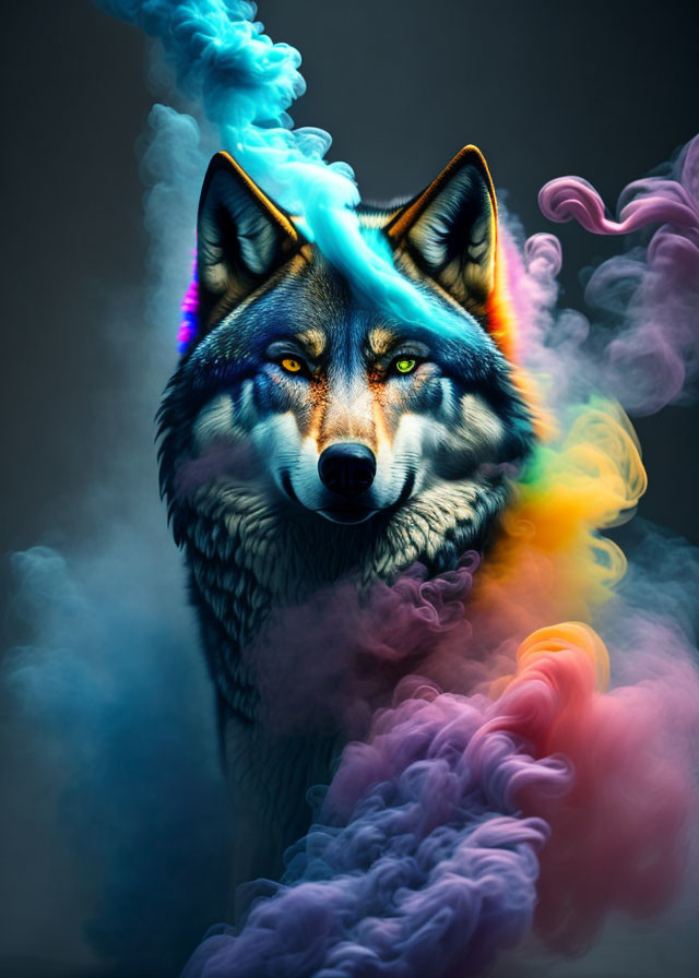 Colorful Digital Artwork: Wolf Surrounded by Swirling Smoke