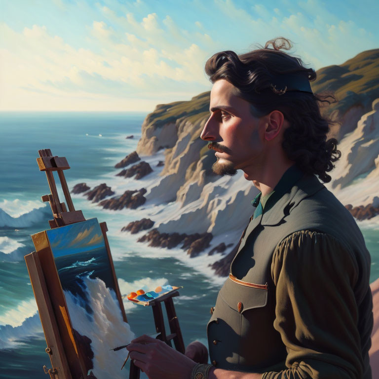 Mustached artist painting seascape on canvas by cliff overlooking ocean.