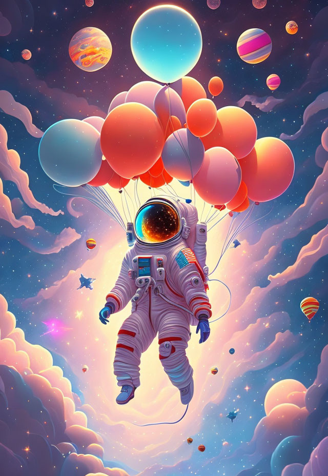 Astronaut floating with colorful balloons in whimsical space scene