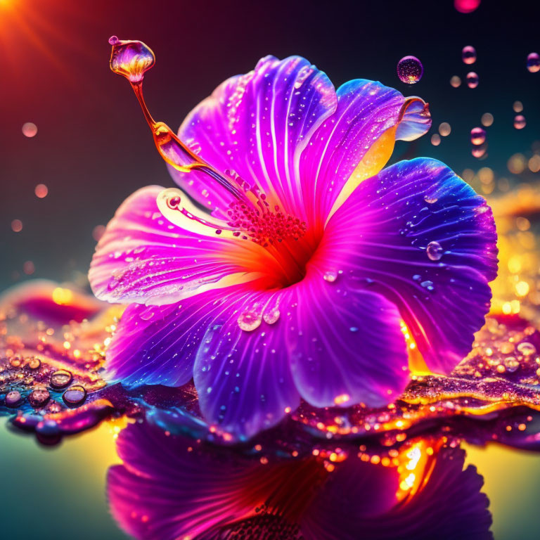 Vibrant Purple and Pink Flower with Water Droplets on Colorful Background