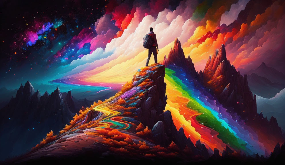 Person standing on vibrant mountain peak with surreal landscape and radiant star-filled sky.