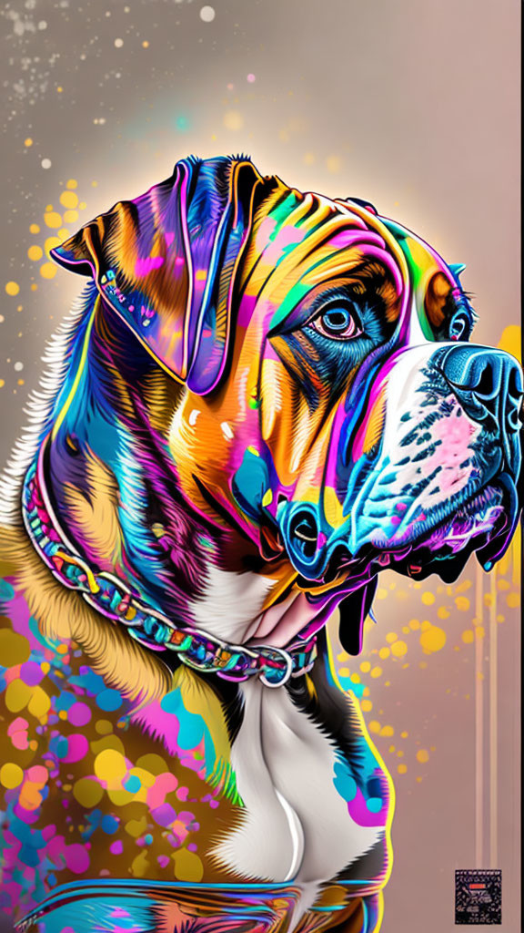 Vibrant neon-hued dog artwork on speckled brown background