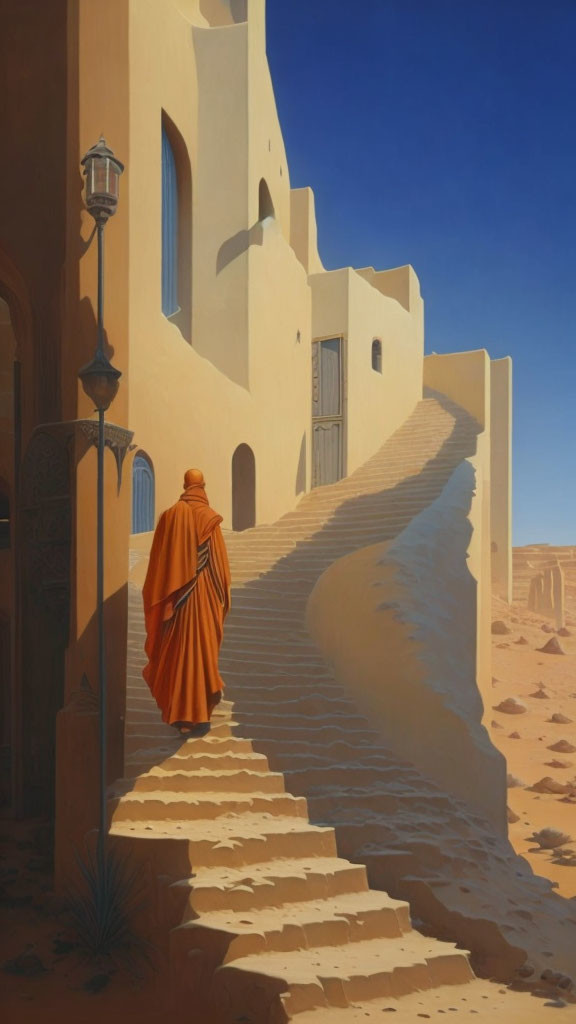 Person in orange robe climbing sandy staircase near white building in desert landscape