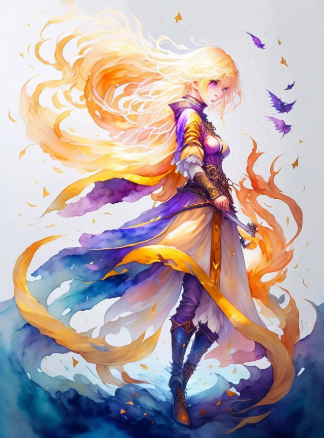 Blond-haired female in purple and gold outfit with fiery feathers.