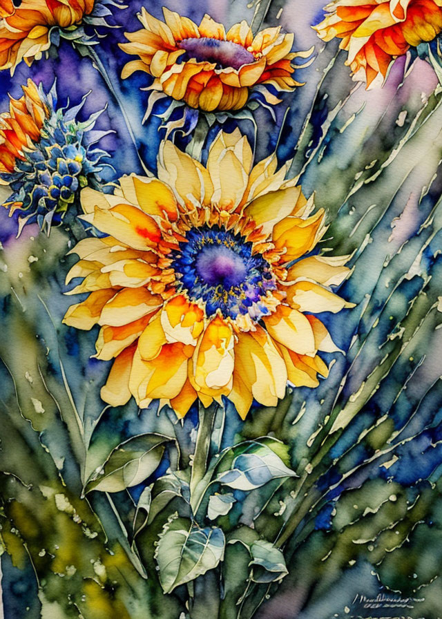 Vibrant yellow sunflowers in watercolor painting