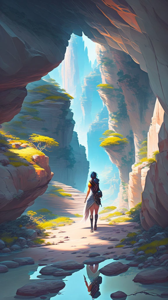 Wanderer in Cave Opening with Towering Cliffs and Serene Water Reflection