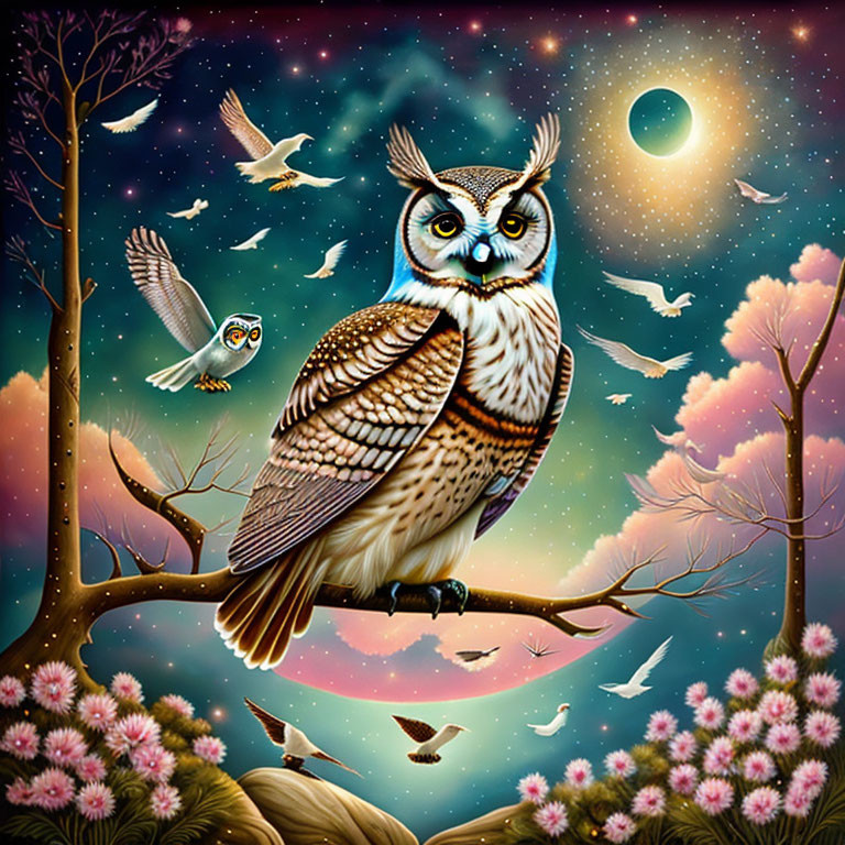 Colorful owl illustration on branch with cherry blossoms under full moon