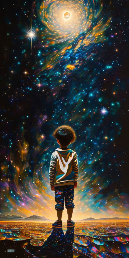 Child gazes at cosmic panorama with stars, galaxies, and nebulae